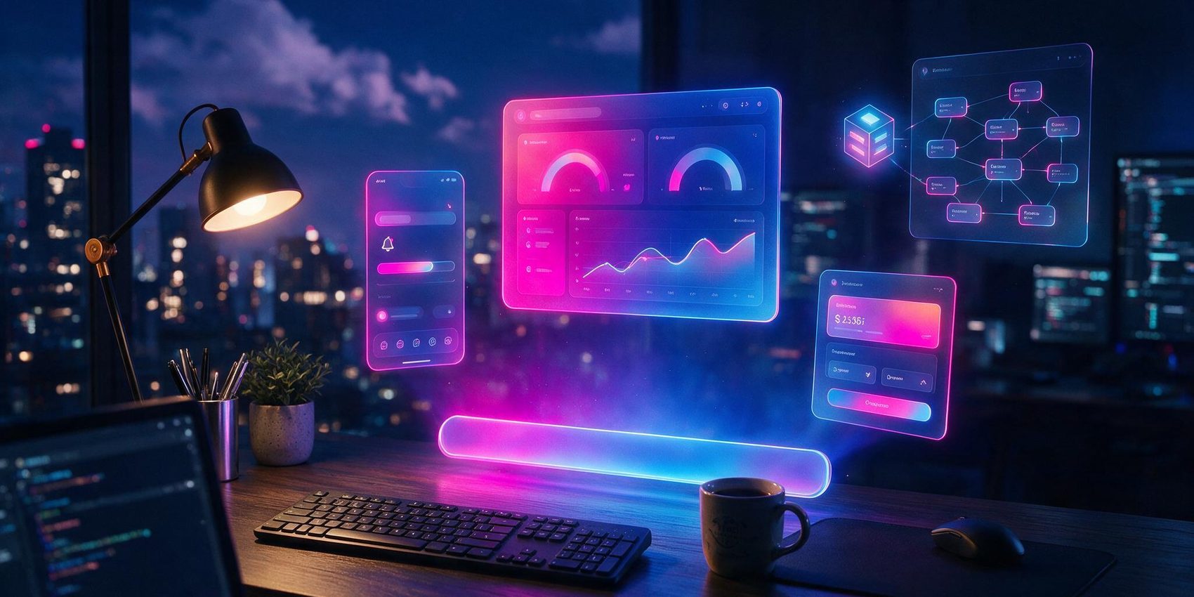 best ai app builder concept: one prompt bar spawning a dashboard, a mobile app and a checkout flow