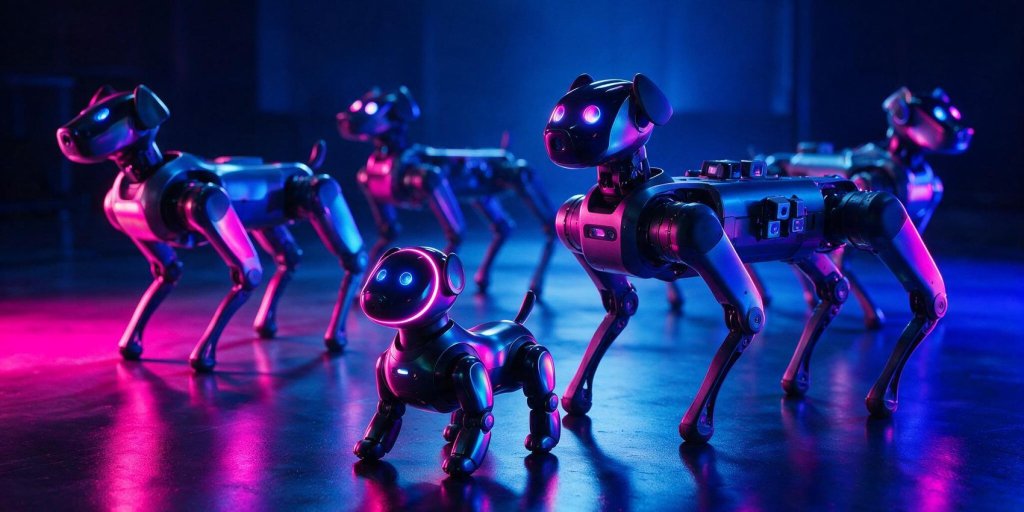 Best AI robot dog lineup: several robot dogs of different sizes on a dark studio floor