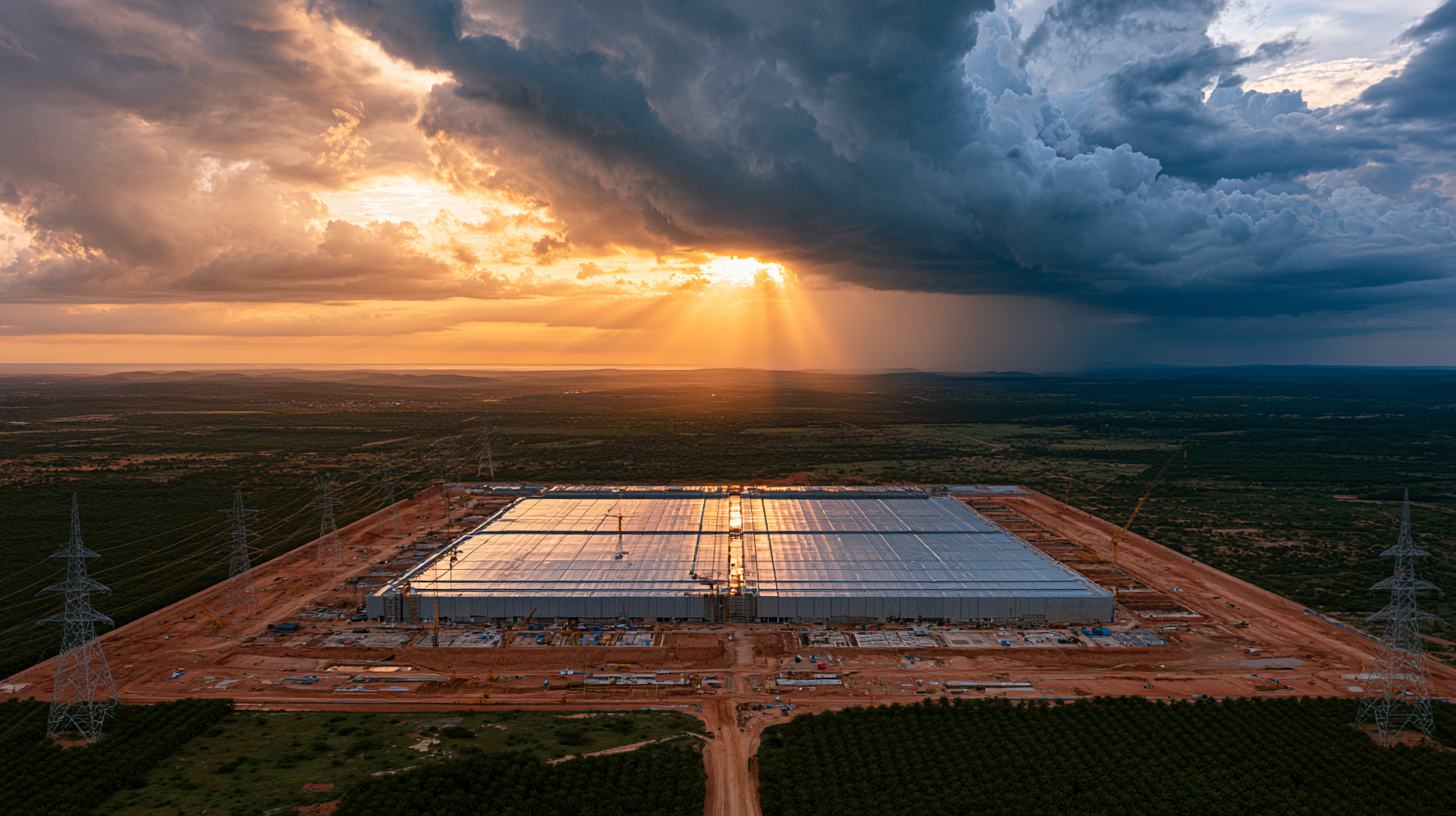 L&T NVIDIA B300 AI Factory: aerial view of a gigawatt-scale AI data centre campus under construction near Chennai at sunset