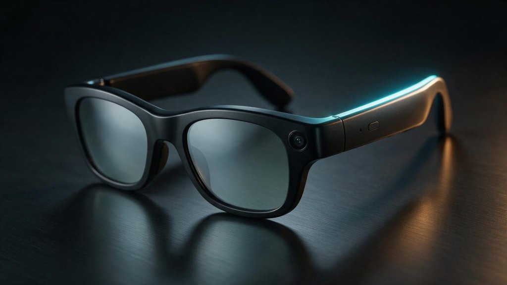 Luma AI glasses concept: matte black camera sunglasses with a lens in the right hinge and a glowing temple strip on a dark surface