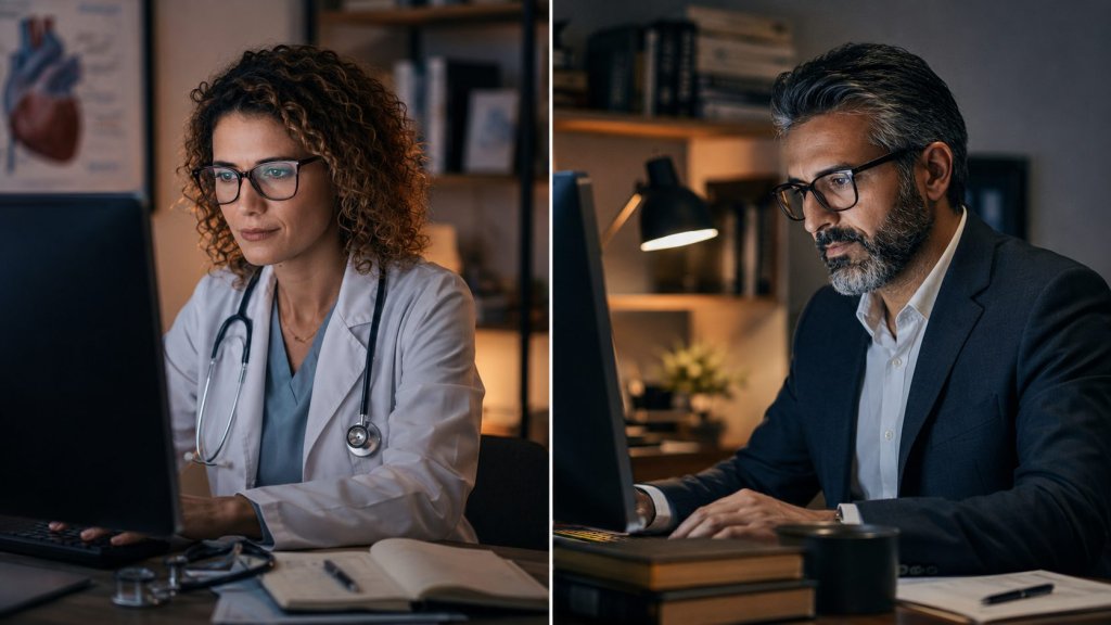 Mercor review: a doctor and a lawyer grading AI model answers on their computers in the evening