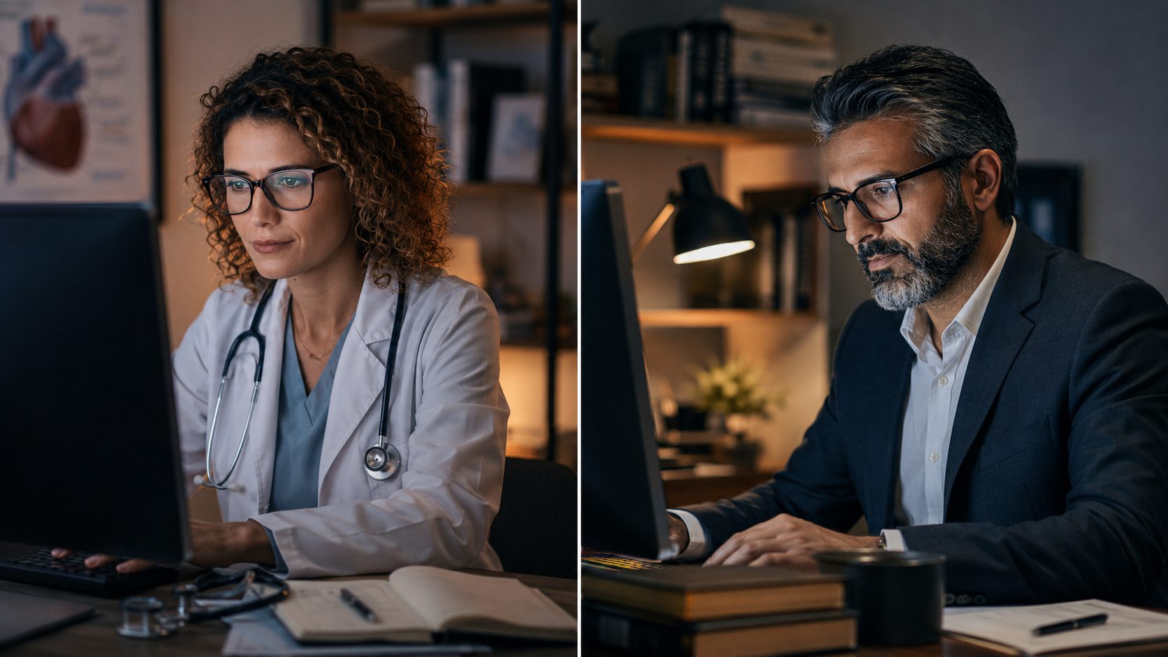 Mercor review: a doctor and a lawyer grading AI model answers on their computers in the evening