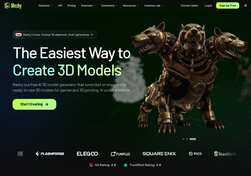 Meshy AI 3D model editor website screenshot
