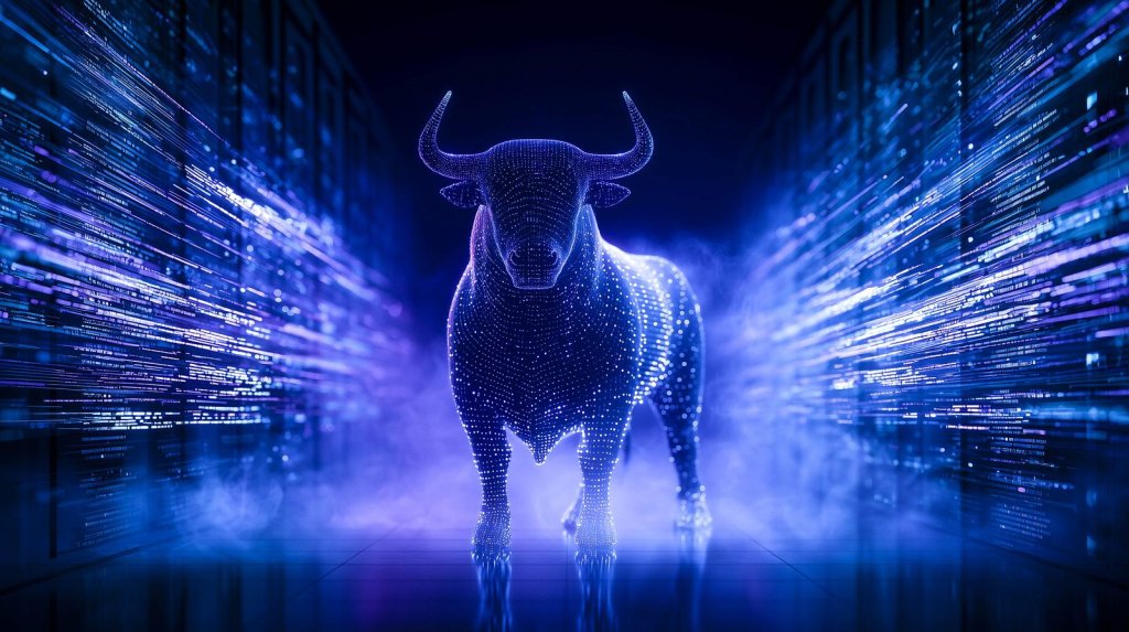 Ox Alpha AI model concept: a glowing wireframe bull standing in a dark data center corridor lined with streams of code