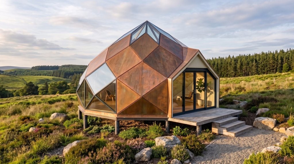 ReRender AI review: photorealistic golden hour render of a faceted dome cabin generated from a 3D model screenshot