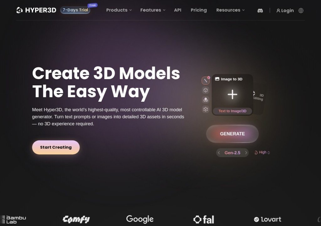 Rodin AI 3D model generator website screenshot
