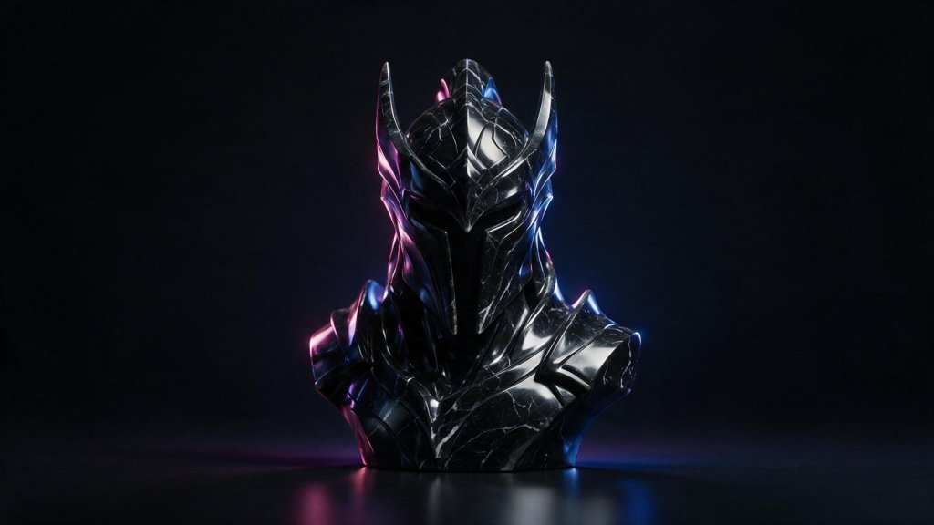 Sharply sculpted dark 3D bust render for the Rodin AI review