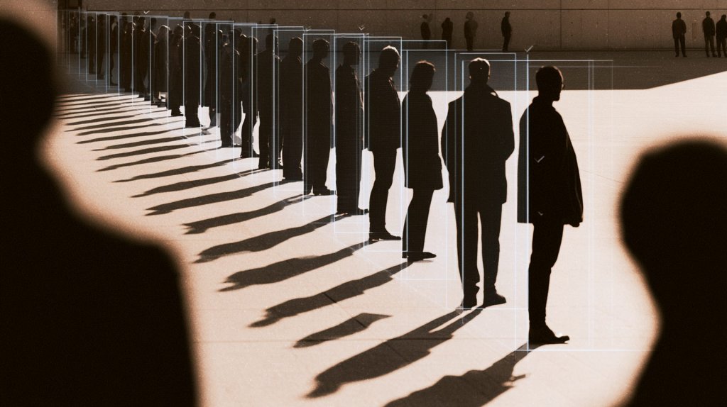 sassa grant review ai data matching concept: a queue of anonymous silhouettes outside a government office, each picked out by a thin data selection box