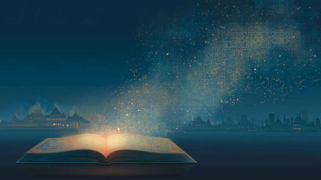 TH AI Passport concept art: a glowing open book of light rising over a night skyline of Thai temples and towers