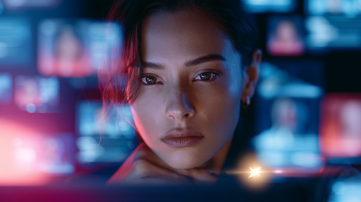 Young professional using AI to search for jobs with candidate profiles on screen