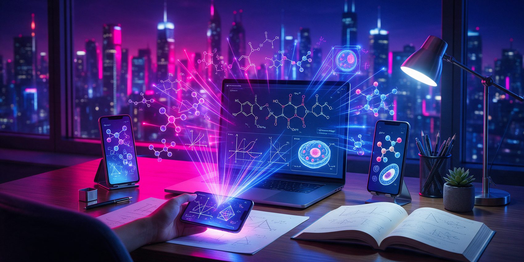 AI homework helper picture: phones and a laptop solving homework from a photo
