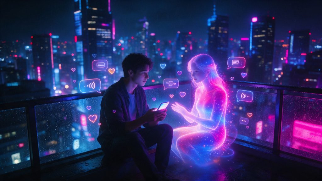 best ai girlfriend app: a man on a neon balcony chatting with a holographic AI companion