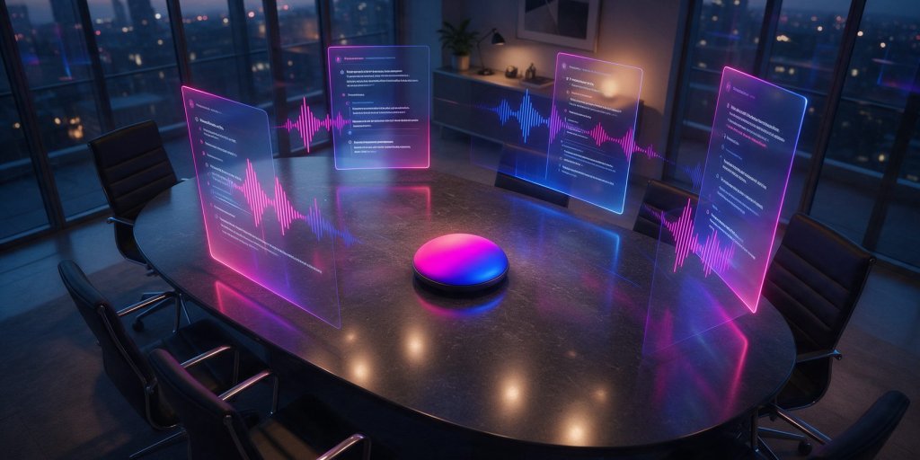 Best AI note taker 2026: a boardroom with floating meeting notes above a recording puck