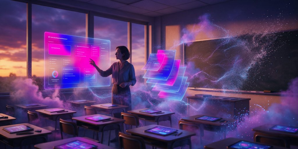 Best AI tools for teachers: a teacher using a holographic AI lesson planner in a futuristic classroom