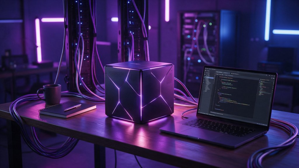 Blackbox AI review: a glowing black cube beside a laptop running code