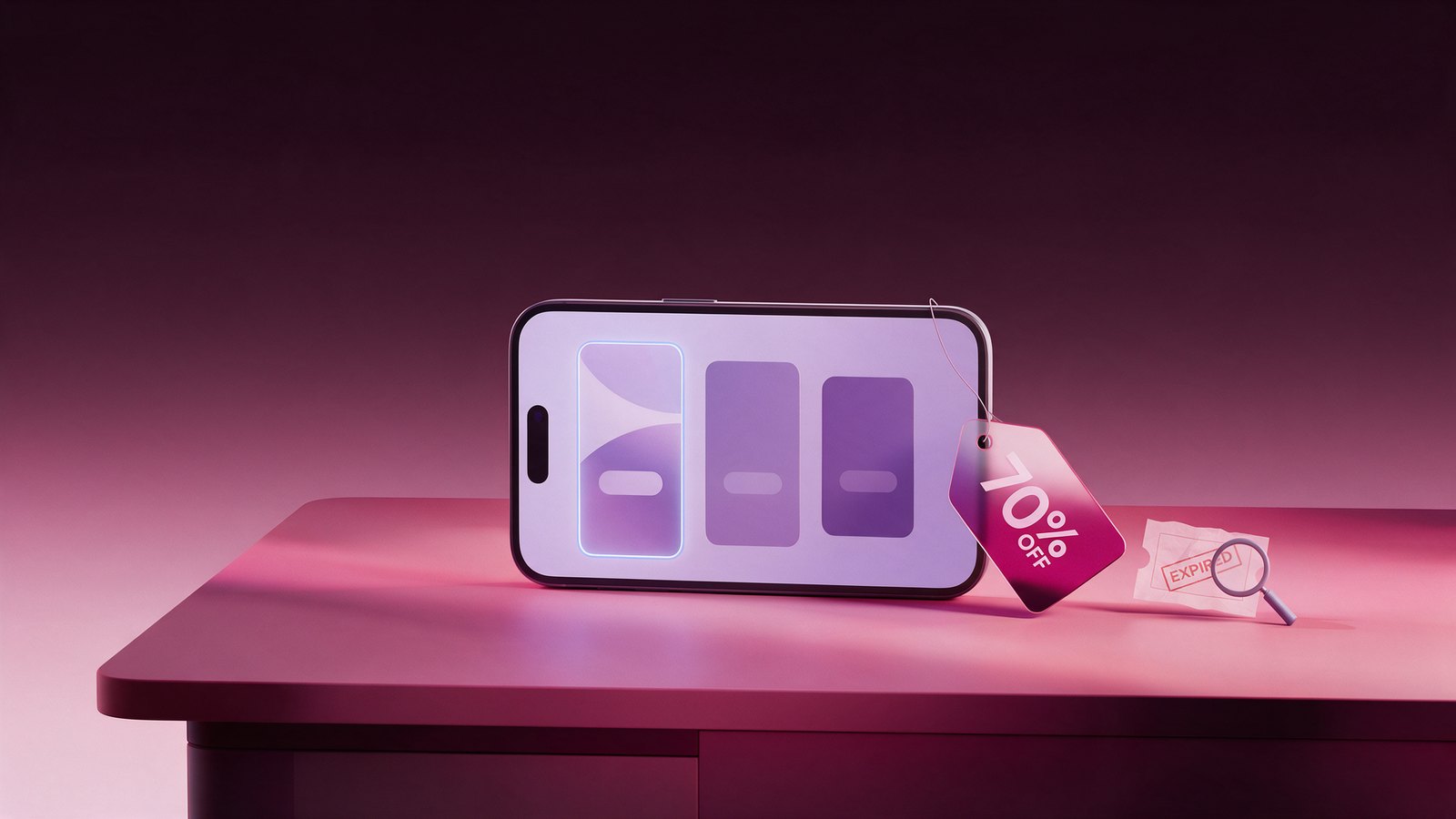 Candy AI promo code: a 70% off tag on a phone showing subscription plans, next to an expired coupon