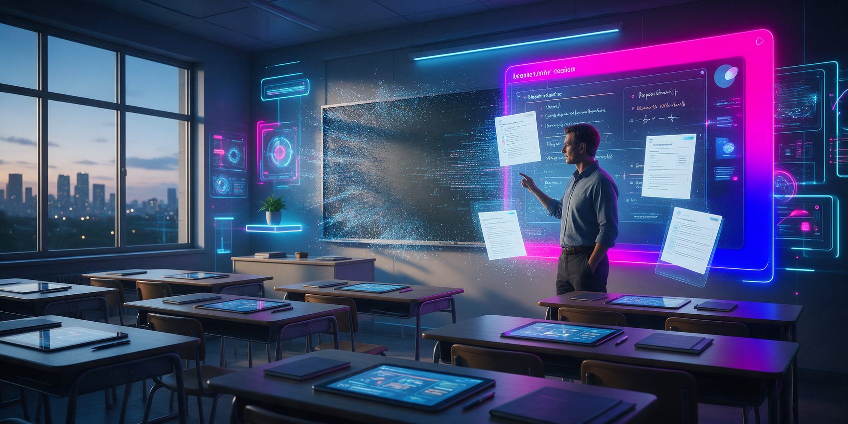 Chalkie AI review: a teacher presenting an AI generated slideshow lesson in class