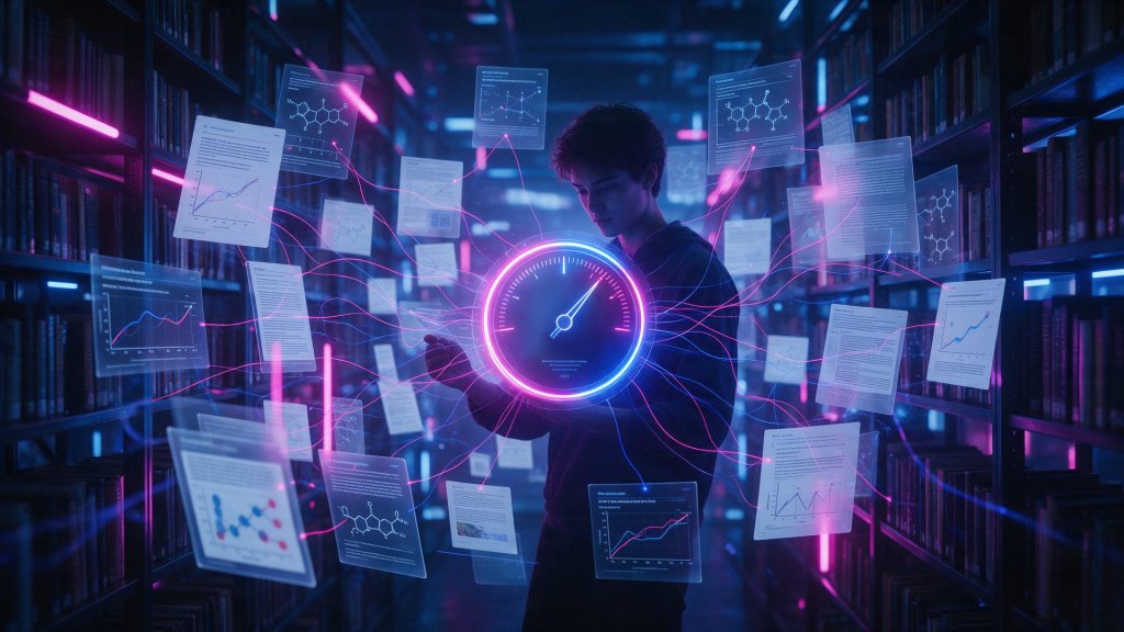 Consensus AI review: a researcher surrounded by floating papers linked to an evidence meter