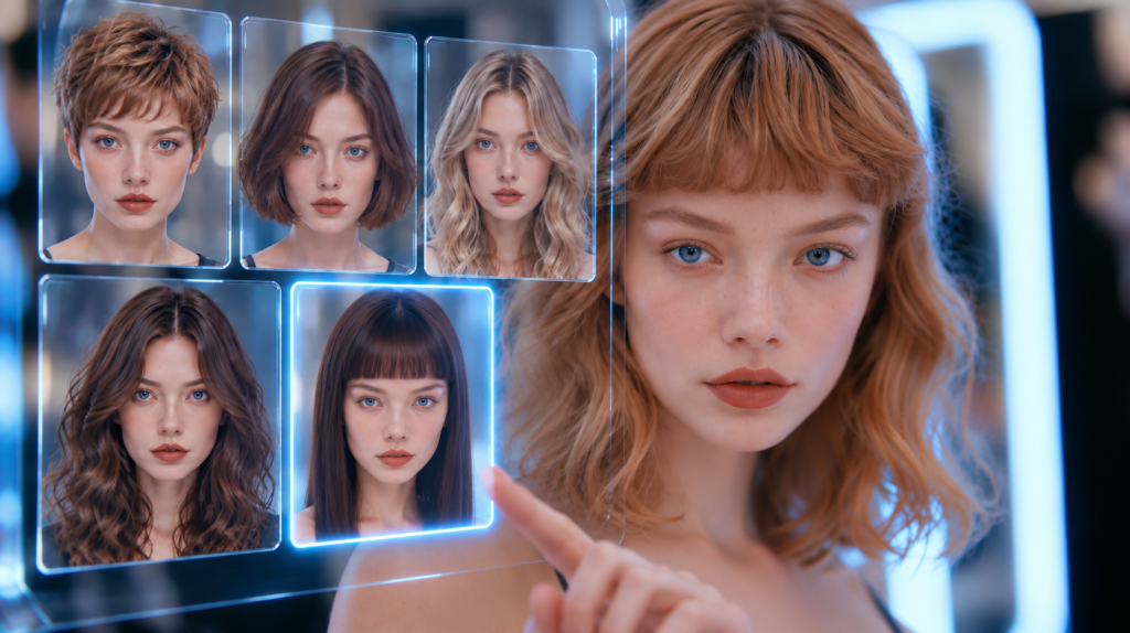 Woman choosing between five AI-recommended haircuts on a smart mirror in a CutMuse review