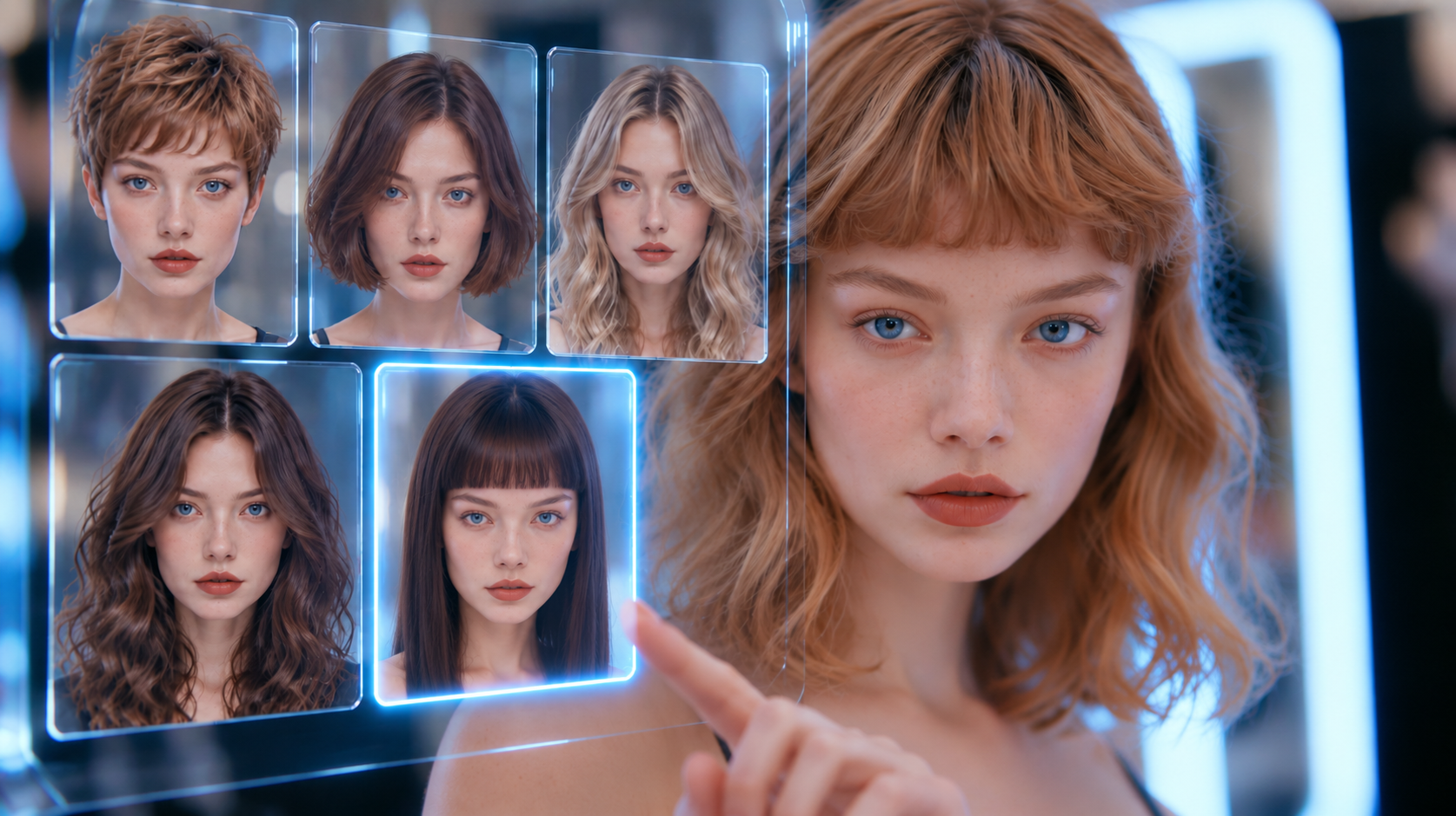 Woman choosing between five AI-recommended haircuts on a smart mirror in a CutMuse review