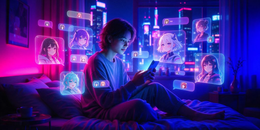 Emochi AI review: a user chatting with anime AI characters on a phone at night