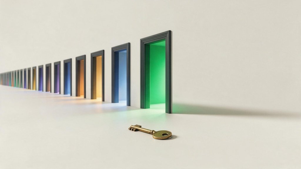 experiential labs ai concept: one brass key in front of a row of glowing doorways, one endpoint opening every AI model