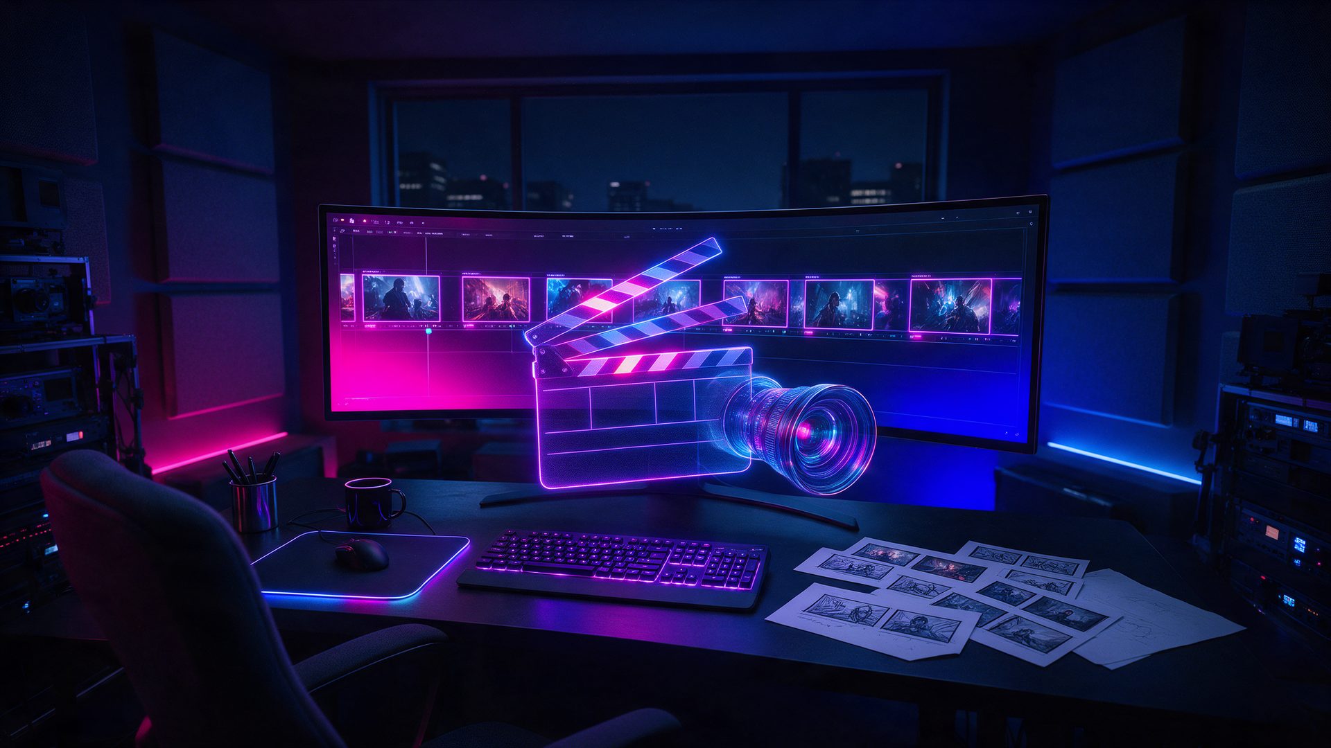 google flow ai review: neon editing suite with a storyboard timeline of AI generated film frames