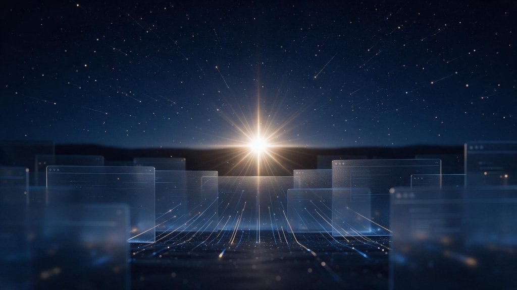 gpt-6 astra concept: a single bright star rising over a horizon of translucent computer windows, editorial illustration