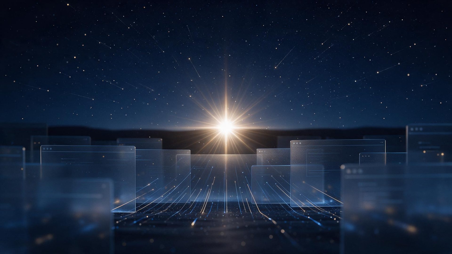 gpt-6 astra concept: a single bright star rising over a horizon of translucent computer windows, editorial illustration
