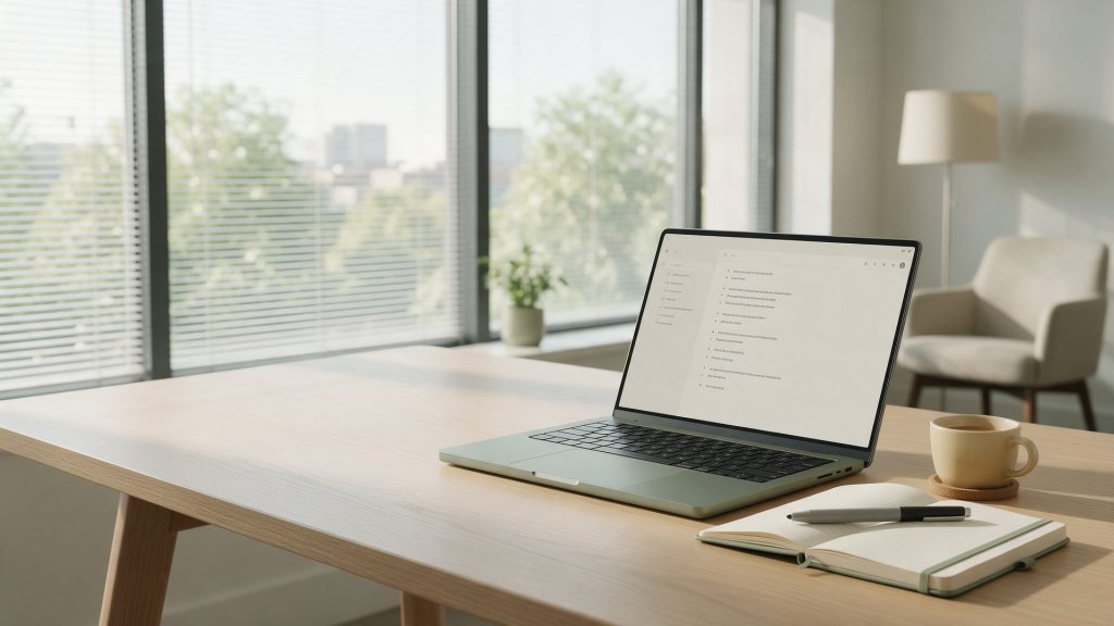 Granola AI review: a laptop on a bright desk showing a minimal meeting notes app beside a paper notebook