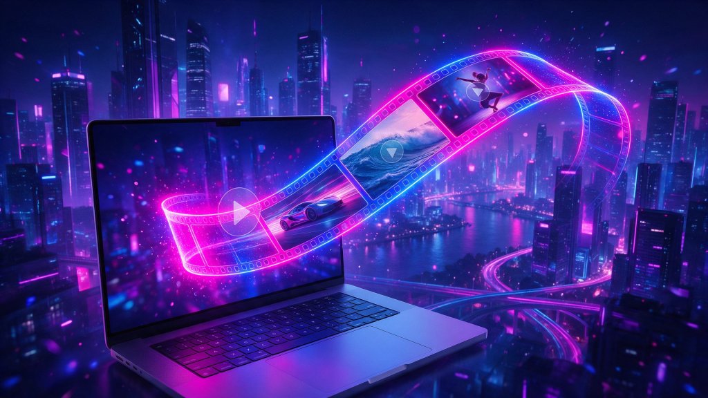 Hailuo AI review: neon film strip of AI generated video frames flowing from a laptop over a city at night
