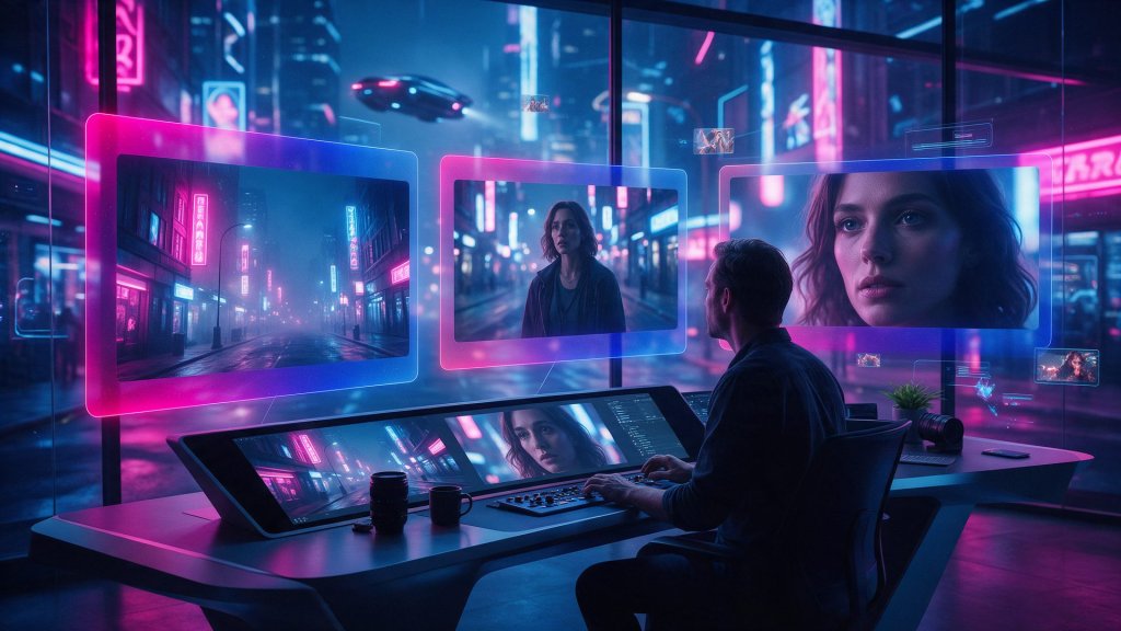 Higgsfield AI review: creator editing cinematic AI video shots on a holographic desk