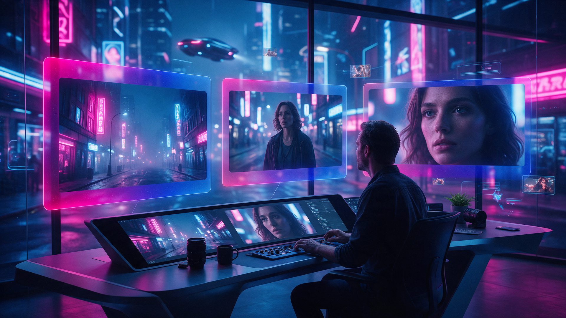 Higgsfield AI review: creator editing cinematic AI video shots on a holographic desk