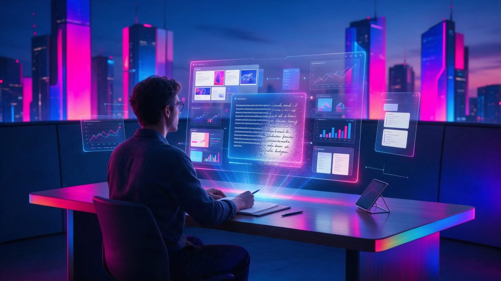 HIX AI review: a writer at a desk facing a holographic AI agent workspace with slides, charts and humanized text