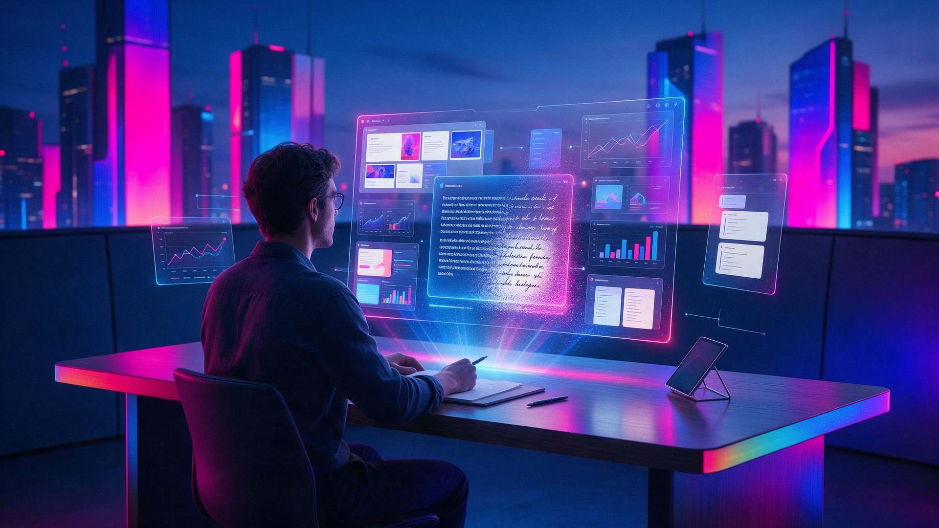 HIX AI review: a writer at a desk facing a holographic AI agent workspace with slides, charts and humanized text