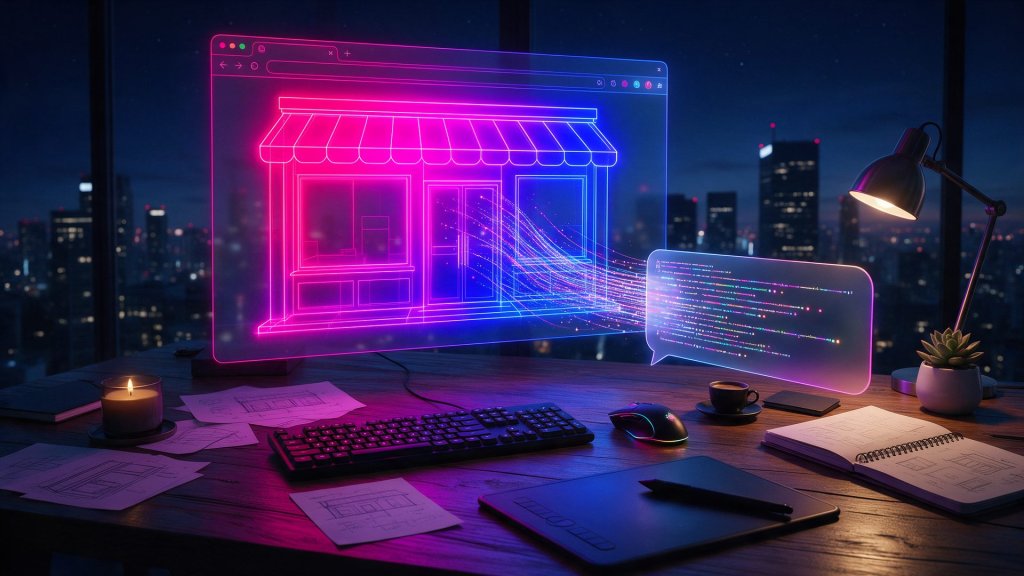 Hostinger AI website builder review featured image showing a chat prompt building an online store