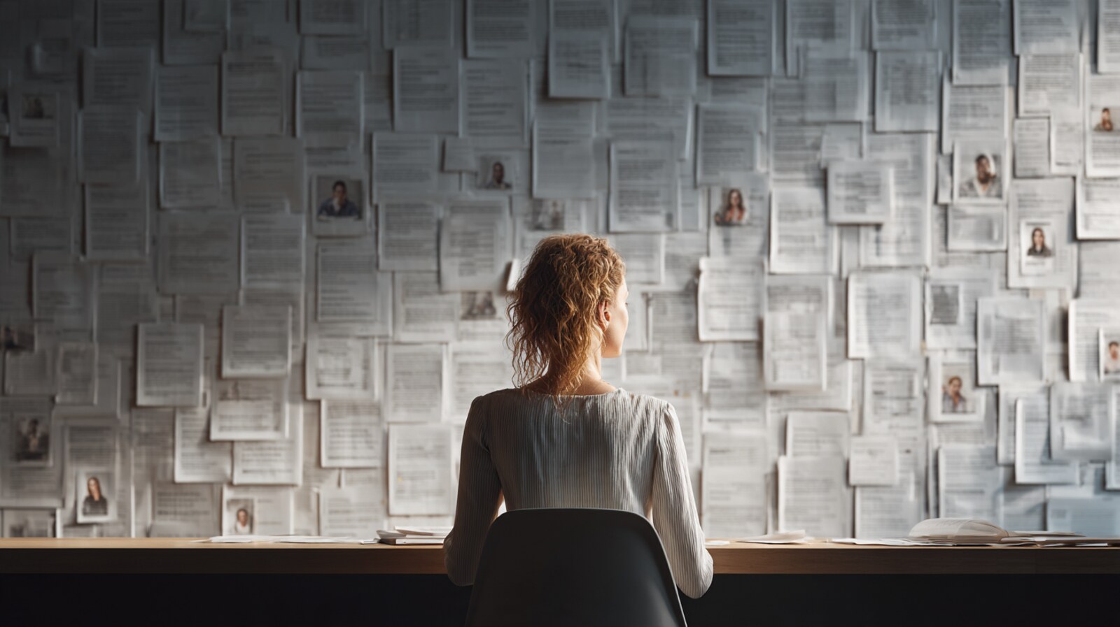 How to use AI for hiring: a hiring manager facing a wall of printed job applications