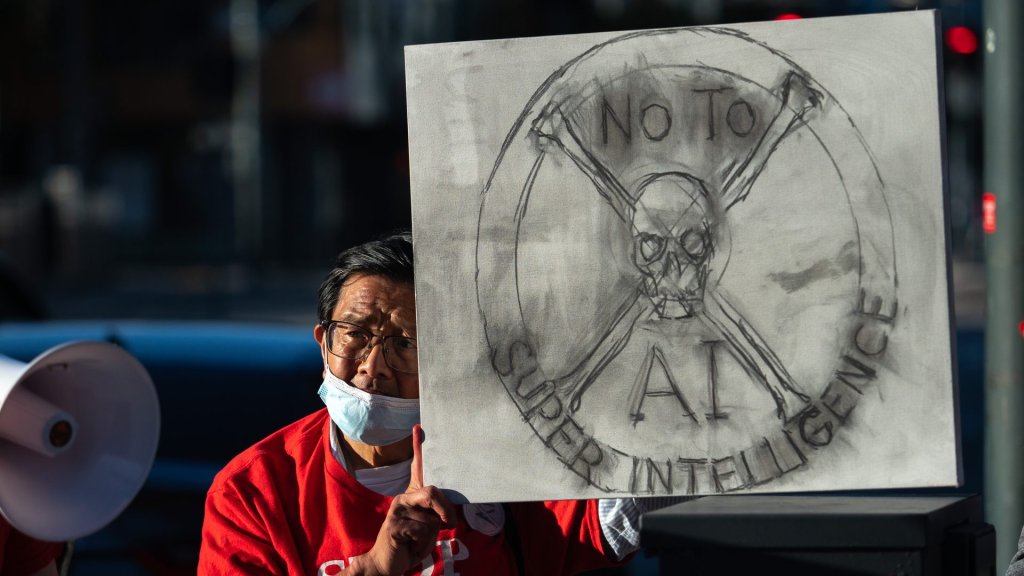 Jacob Coxon Anthropic AI safety protest sign reading No To AI Superintelligence