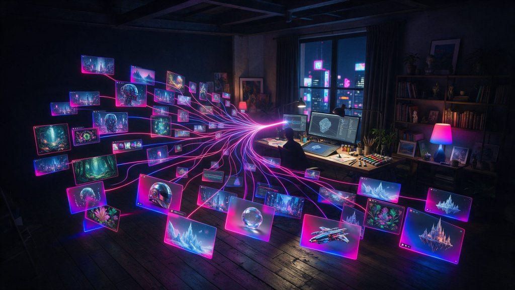 krea ai review: one prompt branching into many generated images and video frames across a dark studio