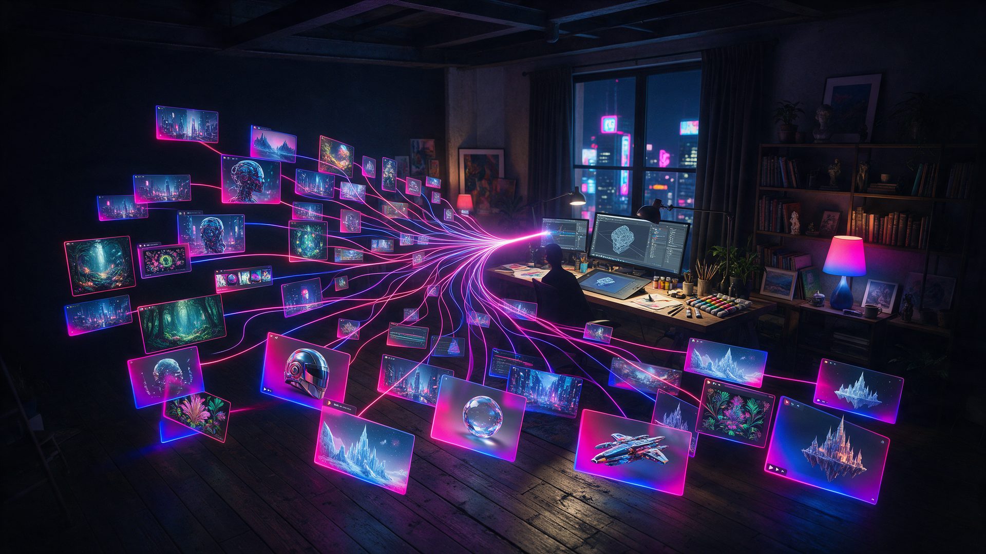 krea ai review: one prompt branching into many generated images and video frames across a dark studio