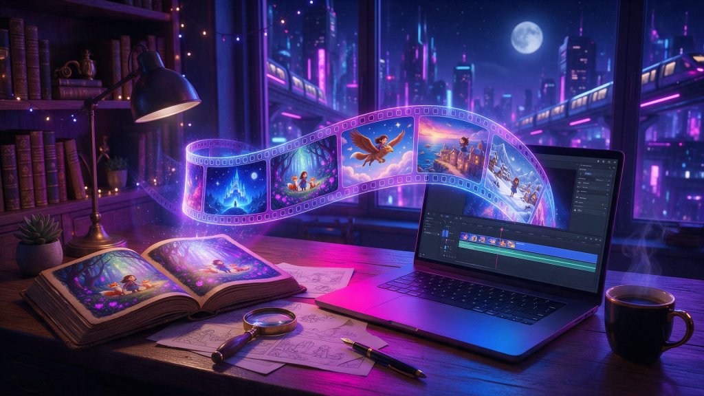 MagicLight AI review: a glowing film strip of animated story scenes rising from a storybook toward a laptop video timeline