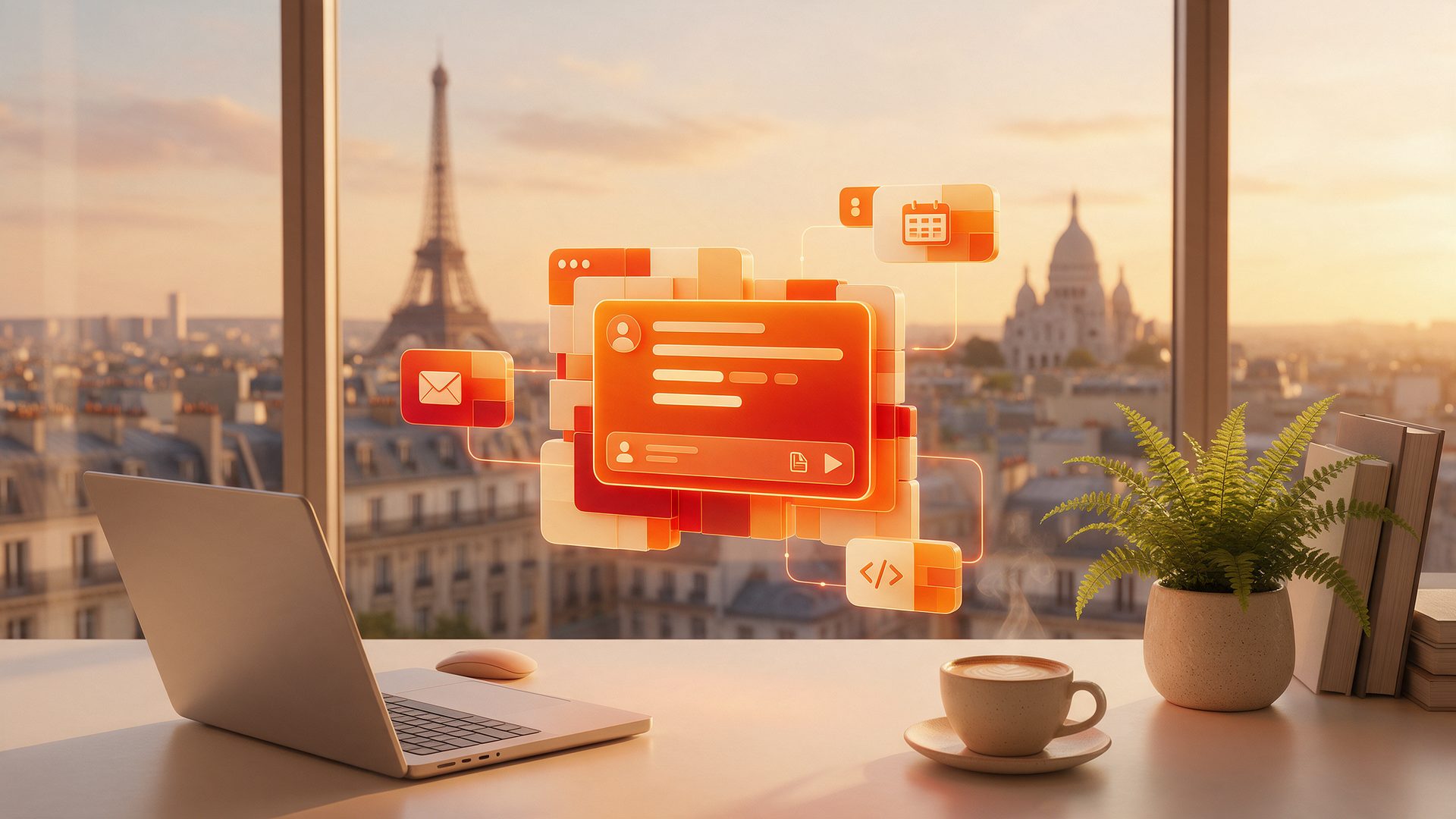 Mistral AI review: an AI work assistant with email, calendar and code connectors above a Paris desk