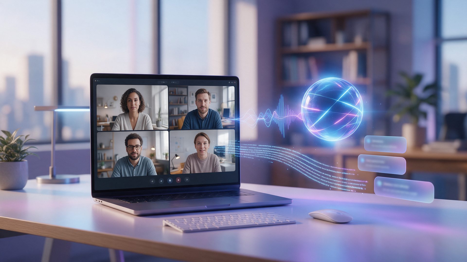 otter ai review: AI notetaker transcribing a video call into summary cards