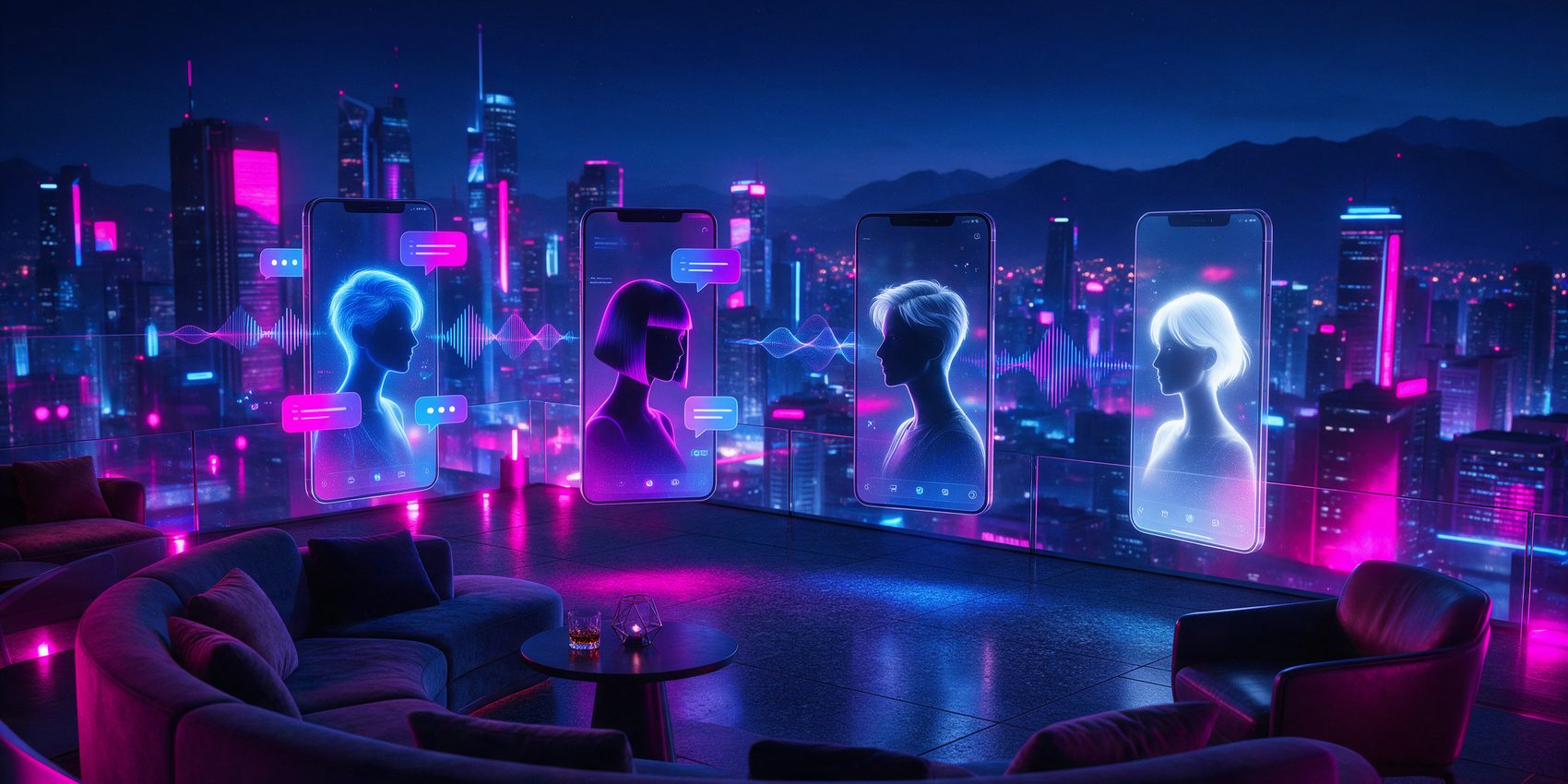 OurDream AI alternatives: AI companion avatars on floating phone screens over a neon city
