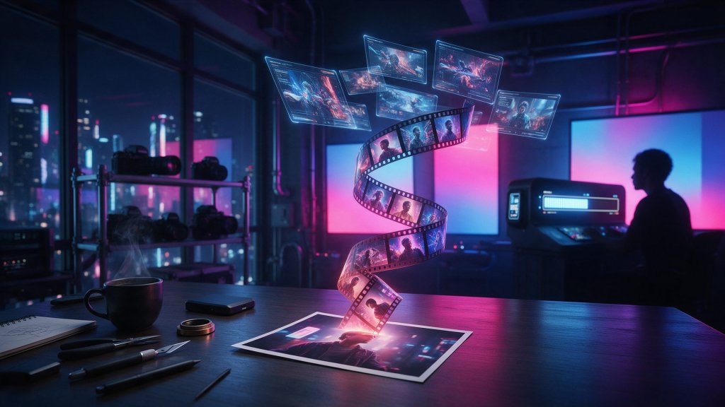 PixVerse AI review: a still photo unfurling into film frames above a cyberpunk edit desk