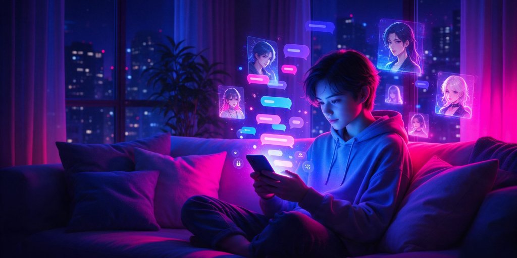 PolyBuzz AI review: chatting with AI characters on a phone at night