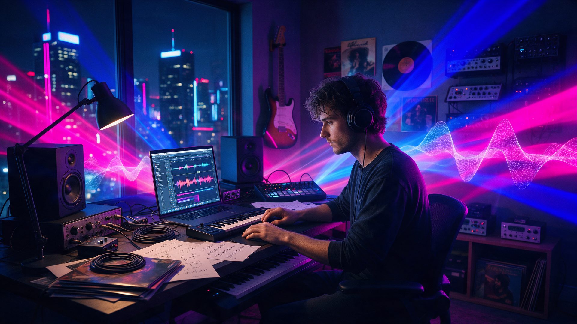 Suno AI review: a music producer in a neon home studio making a song with an AI music generator