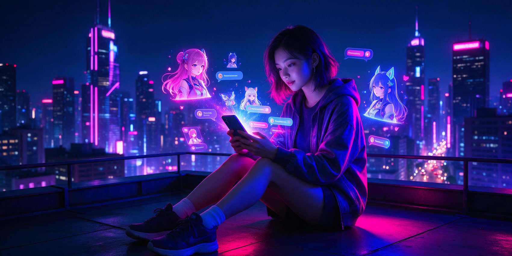 Talkie AI review: a woman chatting with holographic anime AI characters on her phone at night
