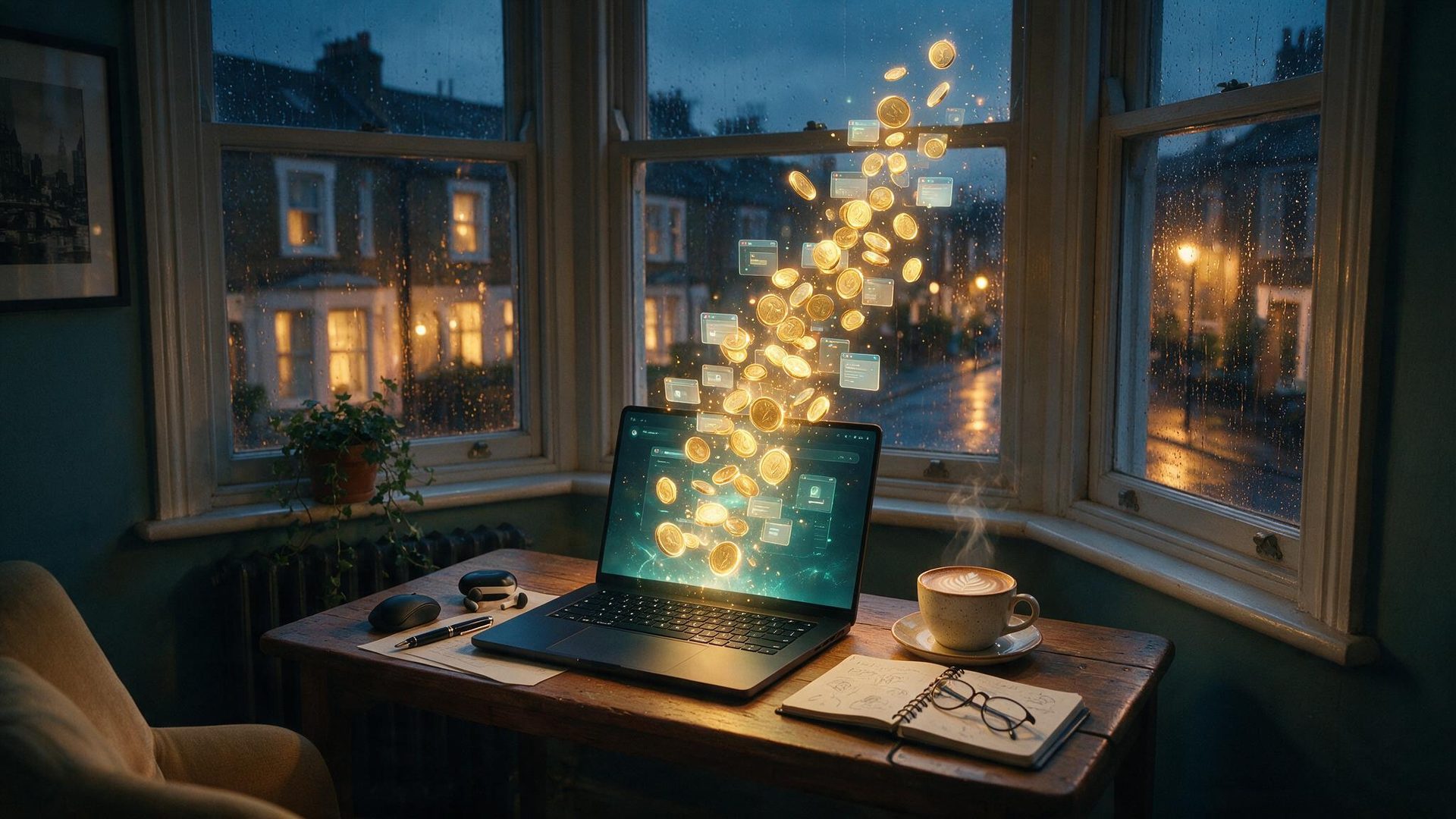 tim armoo ai wealth creation concept: a laptop in a London flat at dusk with gold coins and app windows rising from the screen