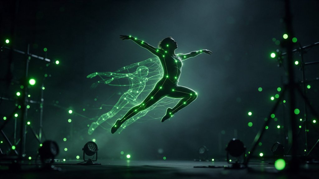 Viggle AI review: dancer with a motion capture wireframe trailing the movement
